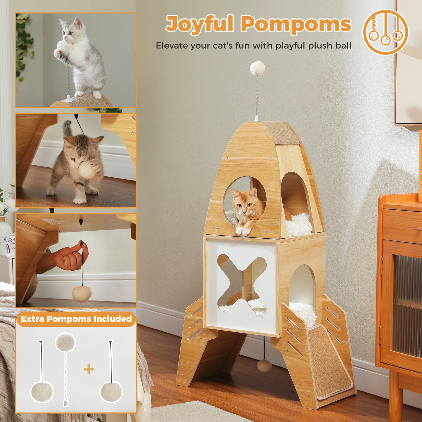 Rocket-Shaped Cat Tree - Modern Wooden Tower for Indoor Cats