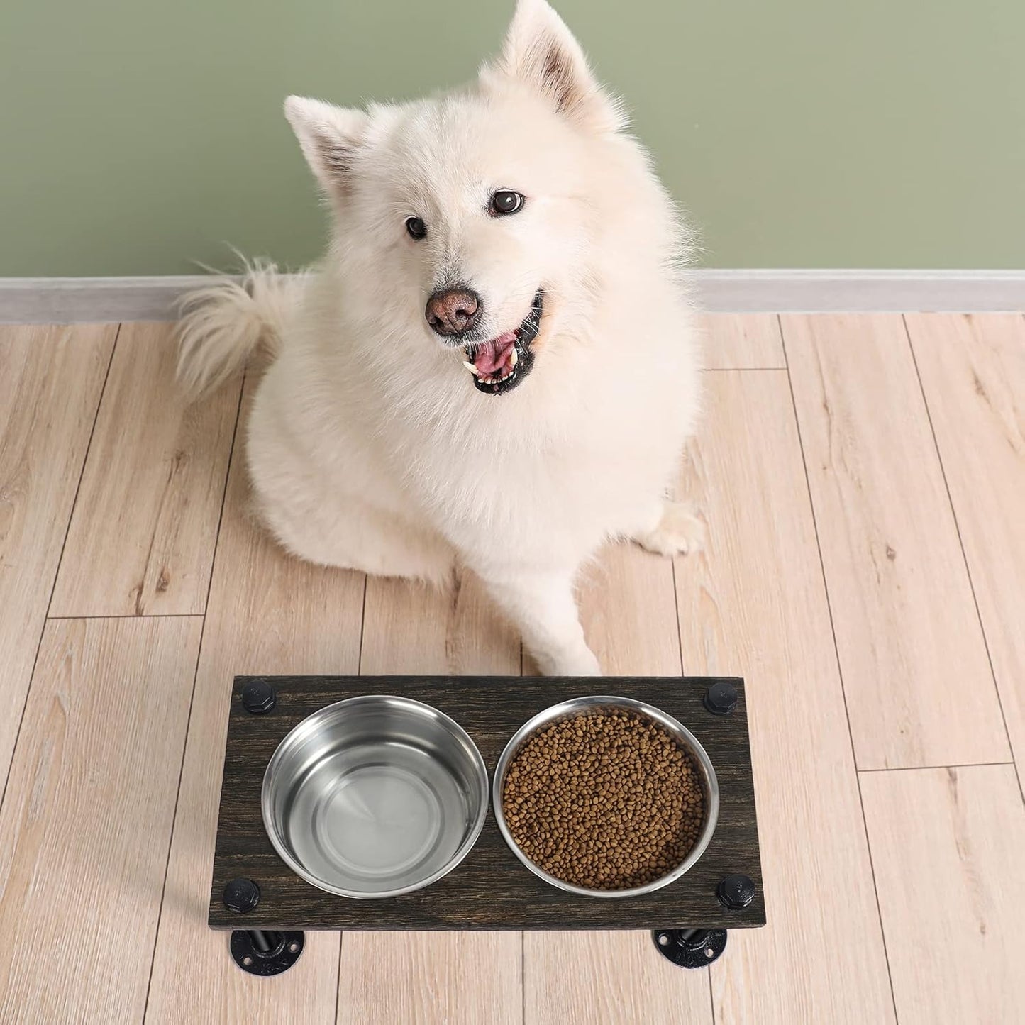 Raised Dog Bowl Stand - 2 Stainless Bowls & Waterproof Wood