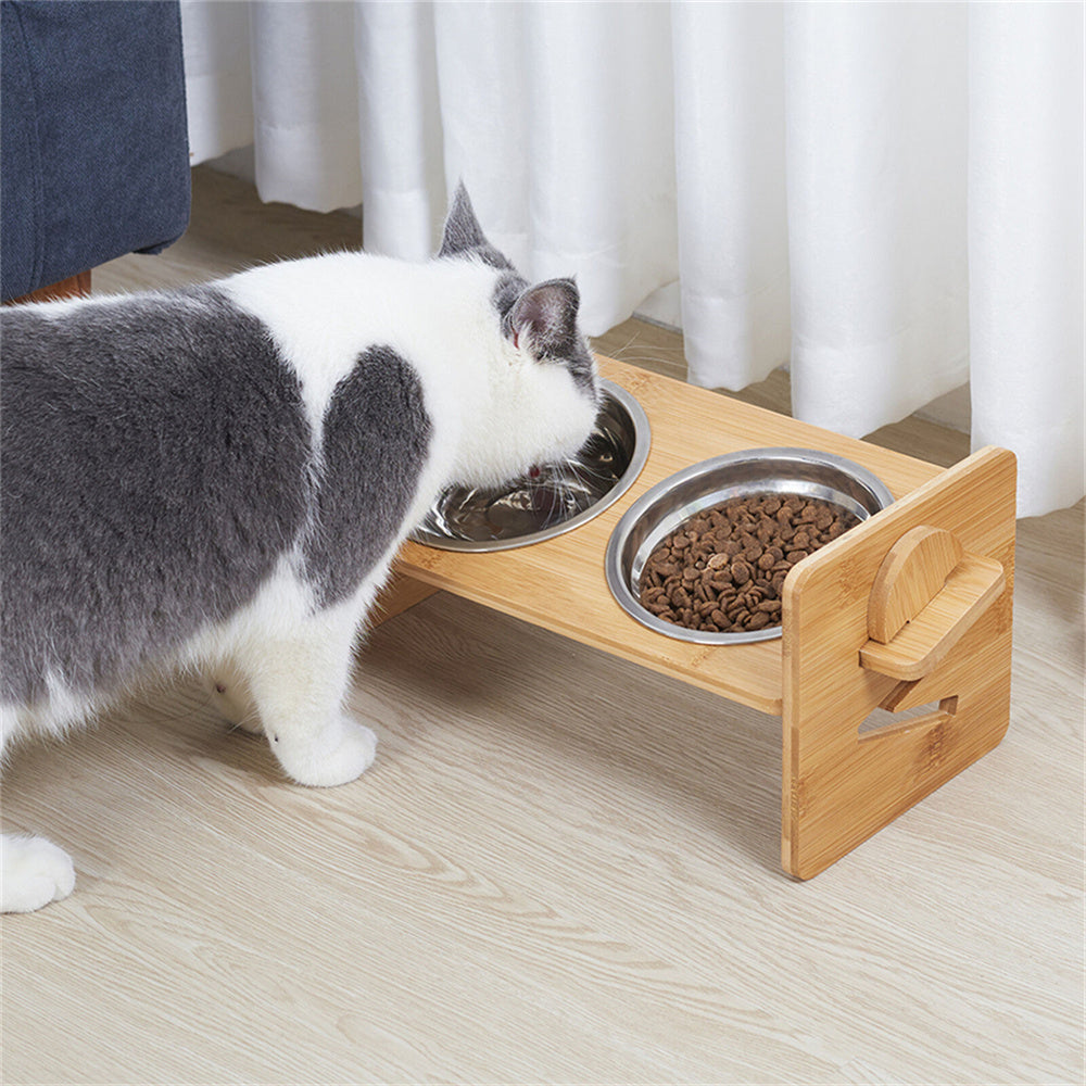 Adjustable Raised Cat Bowls - Bamboo Stand with Steel Bowls