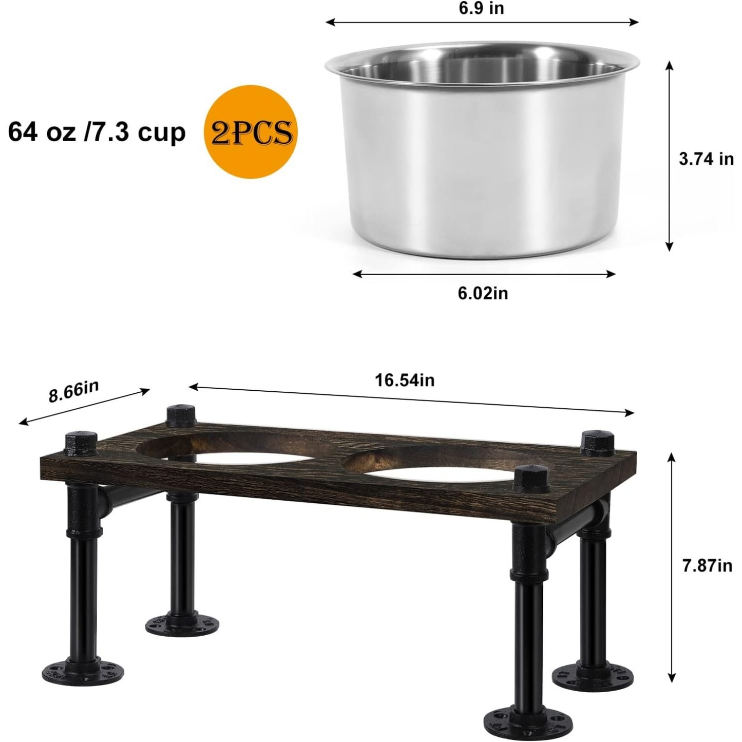 Raised Dog Bowl Stand - 2 Stainless Bowls & Waterproof Wood