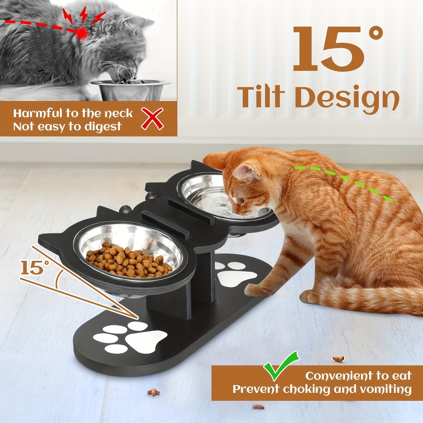 Raised Cat Food Bowls 15° Tilted, 3 Stainless Steel Bowls