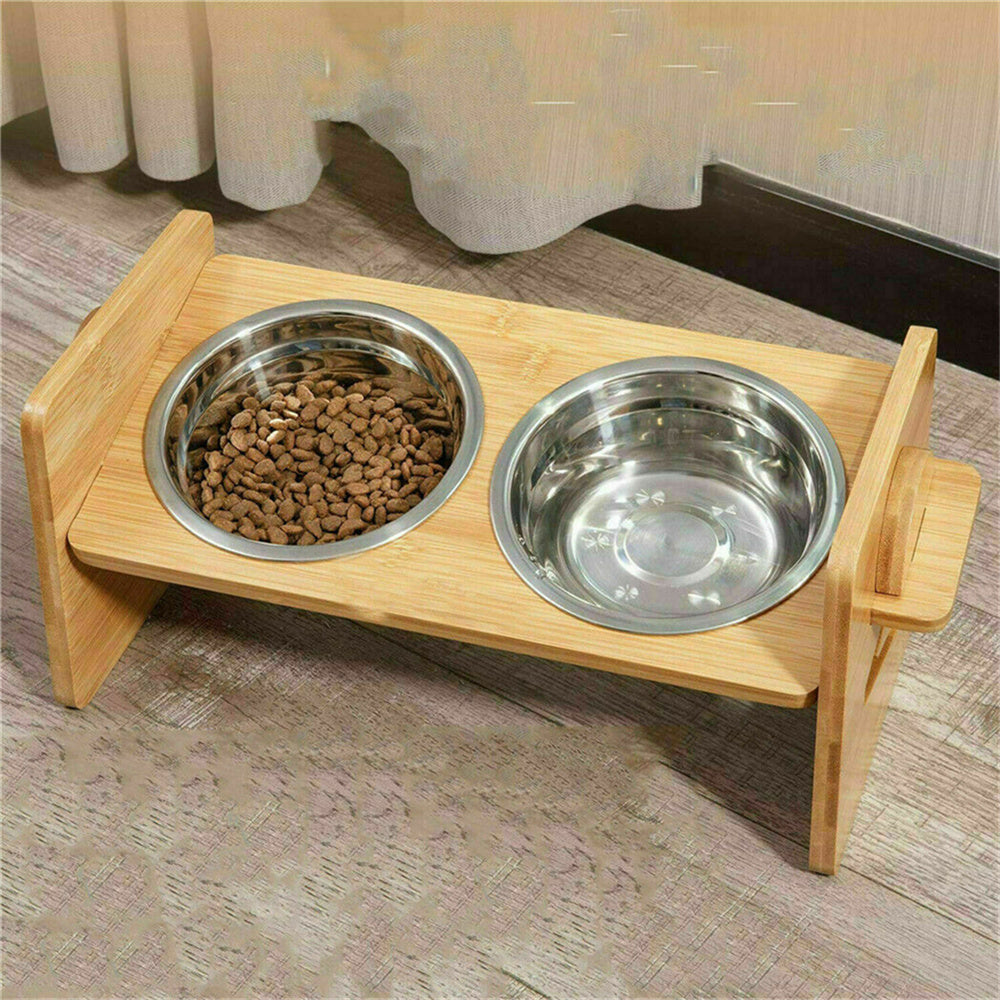 Adjustable Raised Cat Bowls - Bamboo Stand with Steel Bowls