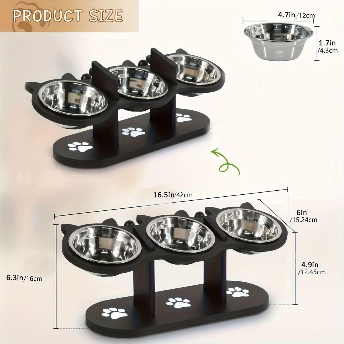 Raised Cat Food Bowls 15° Tilted, 3 Stainless Steel Bowls