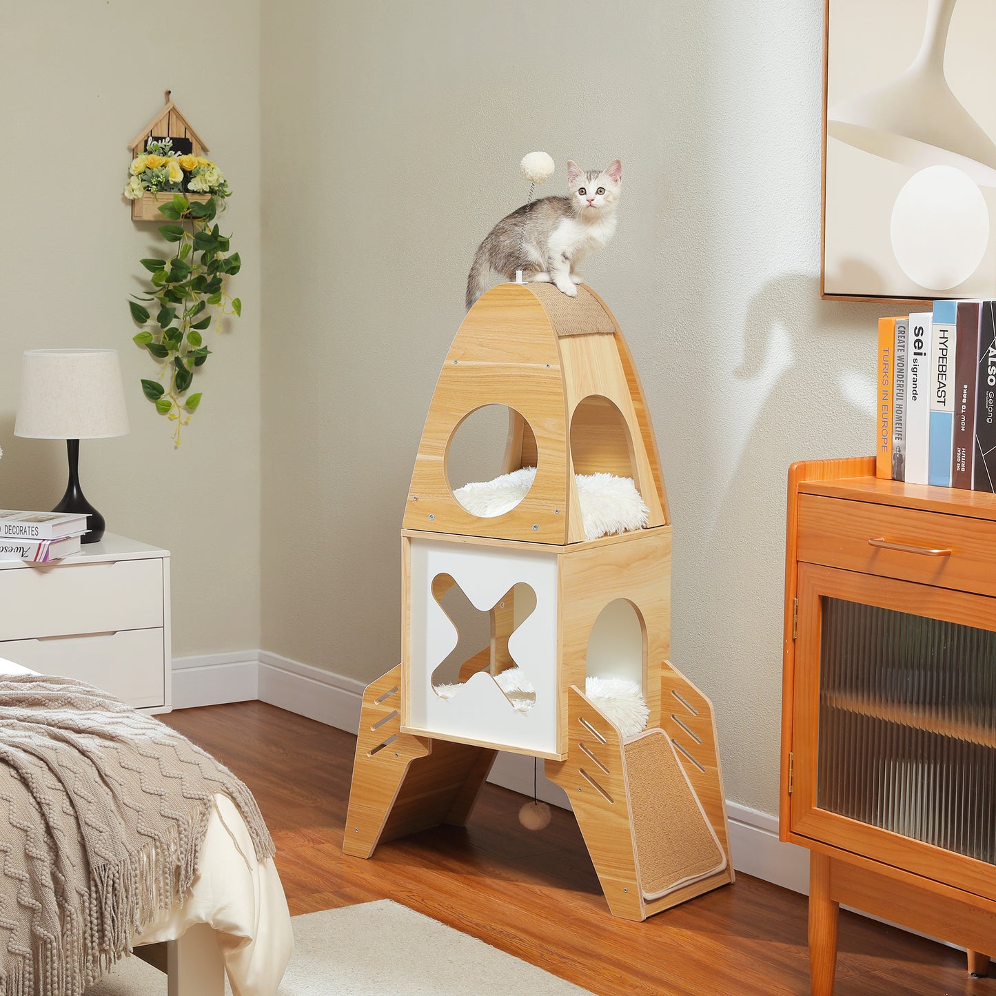 Rocket-Shaped Cat Tree - Modern Wooden Tower for Indoor Cats