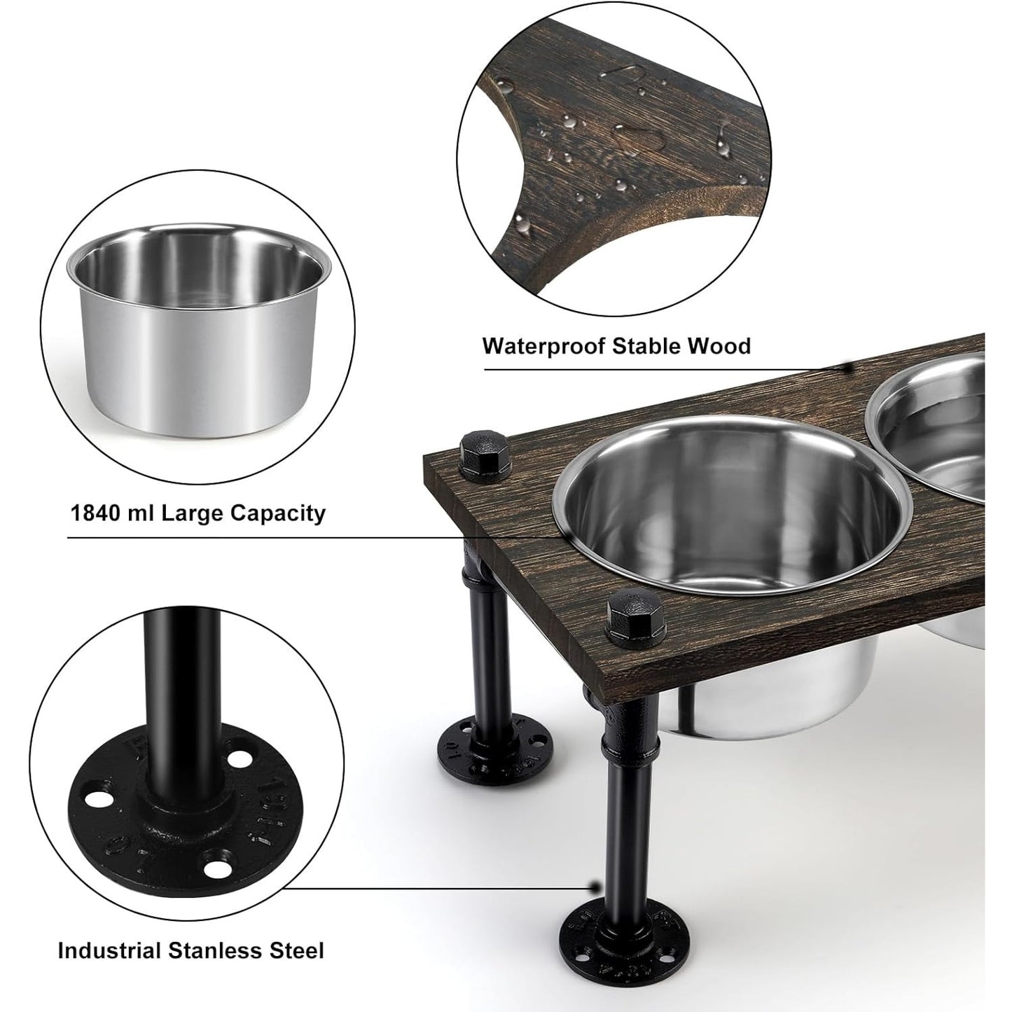 Raised Dog Bowl Stand - 2 Stainless Bowls & Waterproof Wood