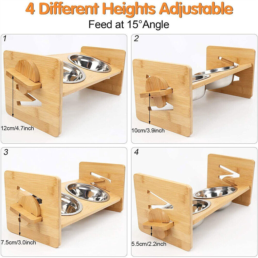 Adjustable Raised Cat Bowls - Bamboo Stand with Steel Bowls