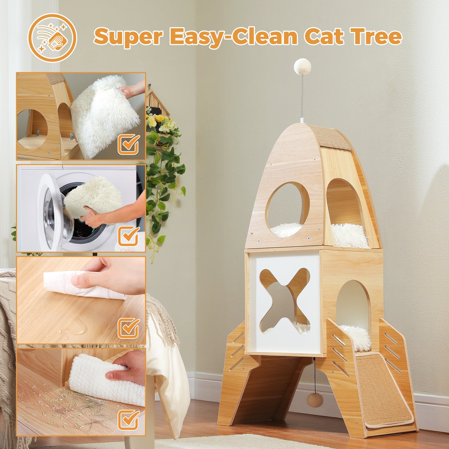 Rocket-Shaped Cat Tree - Modern Wooden Tower for Indoor Cats