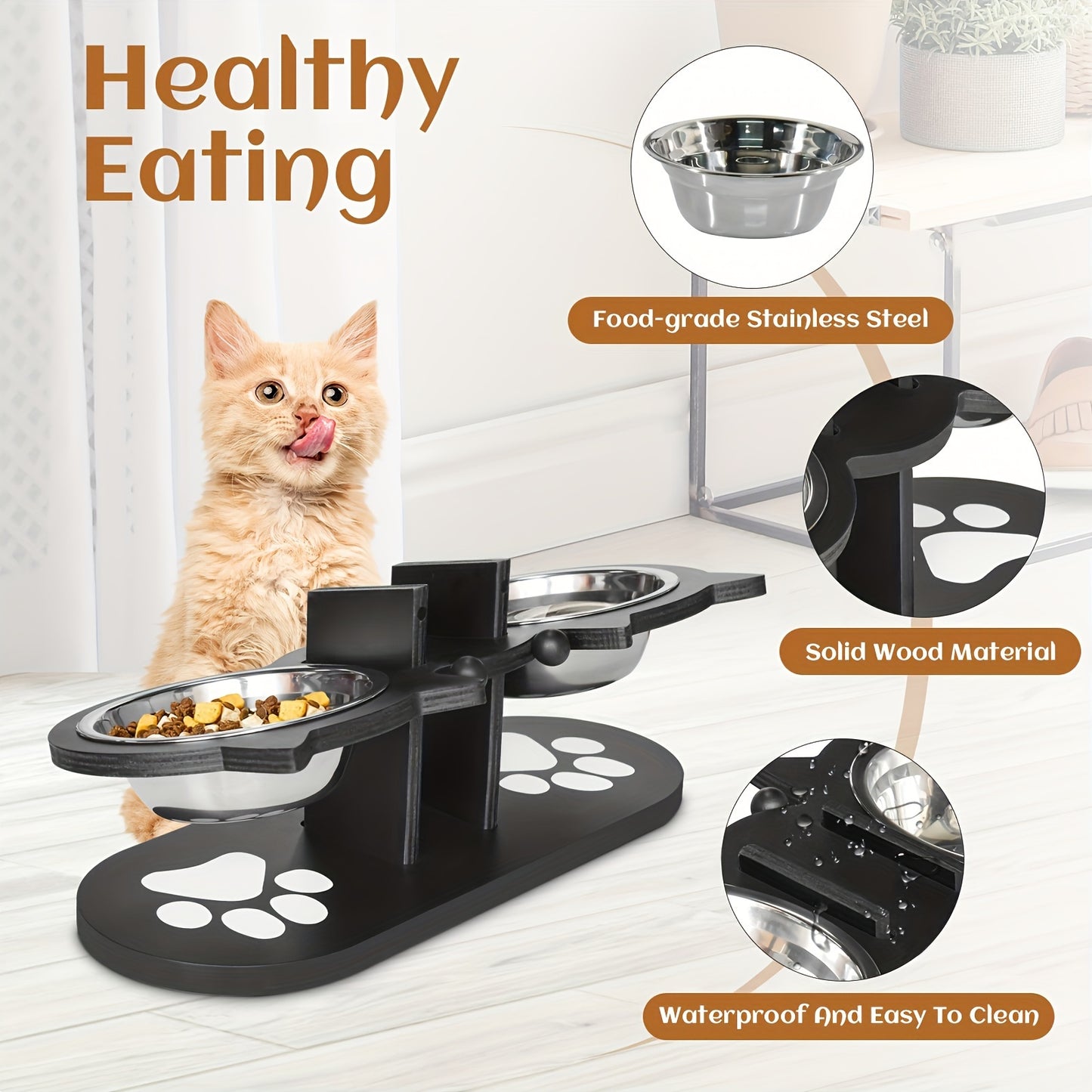 Raised Cat Food Bowls 15° Tilted, 3 Stainless Steel Bowls