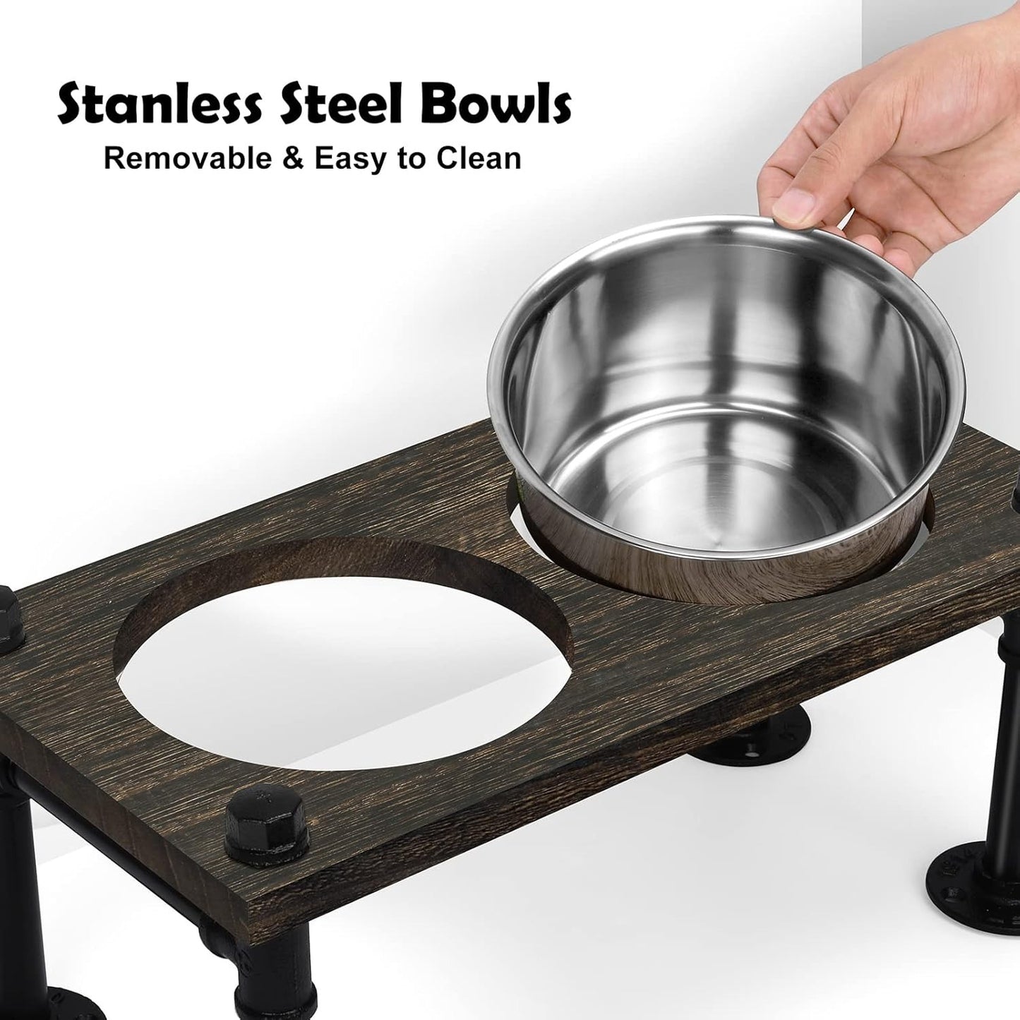 Raised Dog Bowl Stand - 2 Stainless Bowls & Waterproof Wood