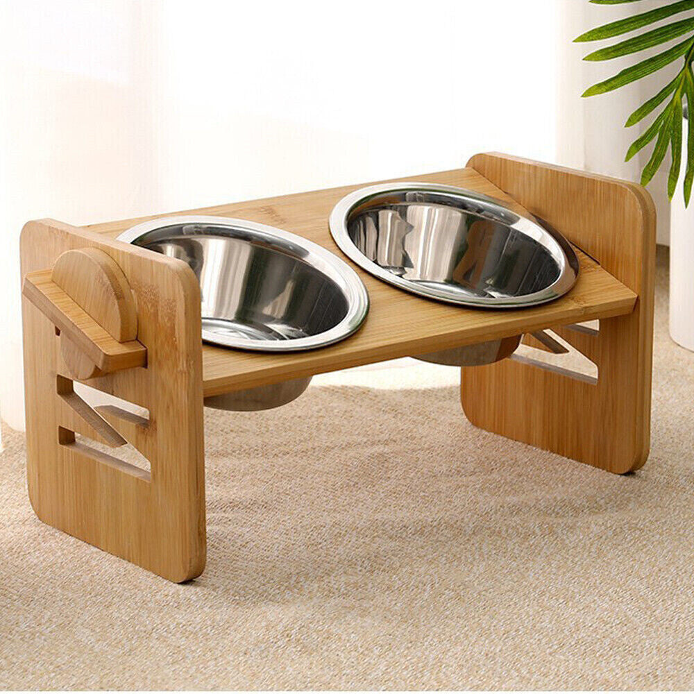 Adjustable Raised Cat Bowls - Bamboo Stand with Steel Bowls