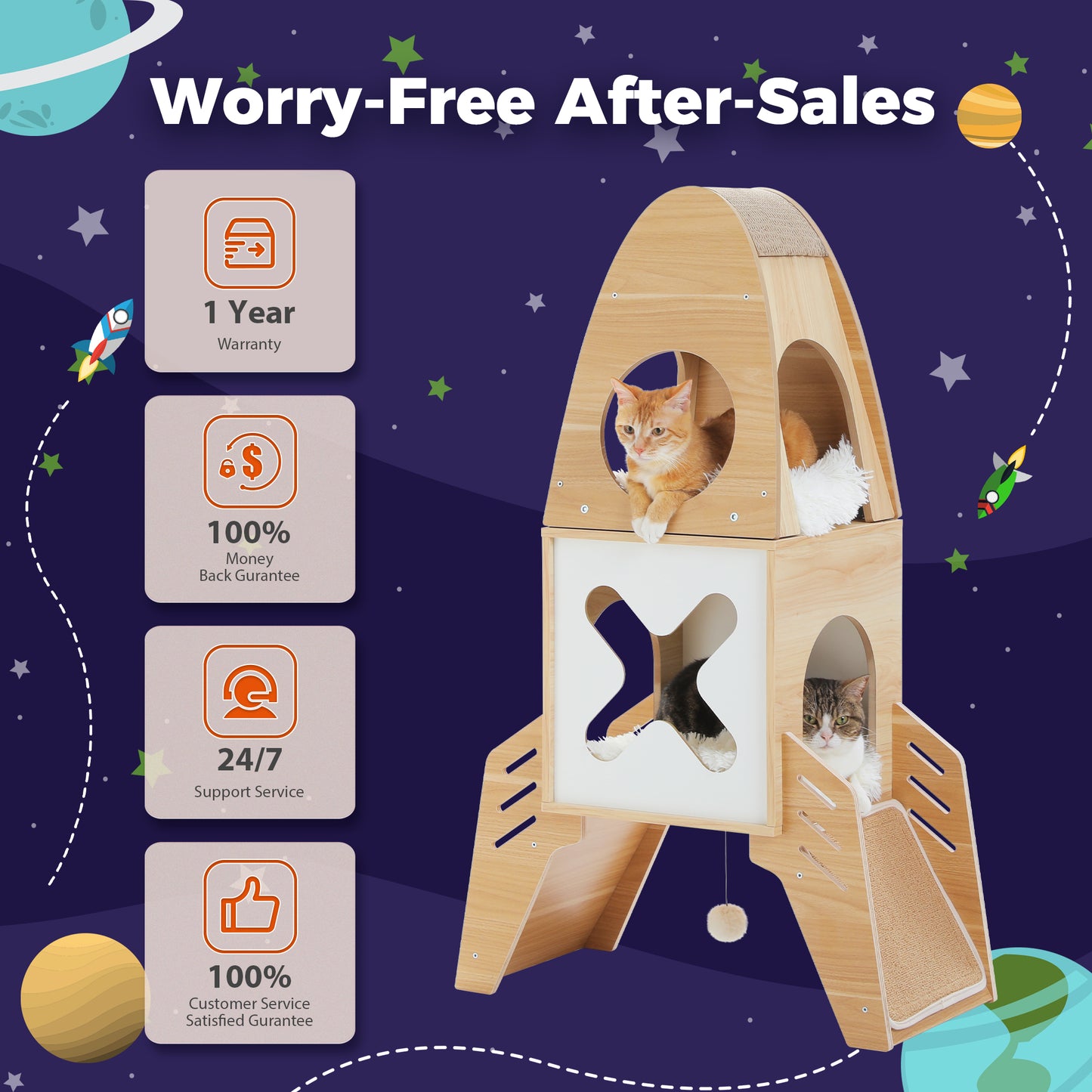 Rocket-Shaped Cat Tree - Modern Wooden Tower for Indoor Cats