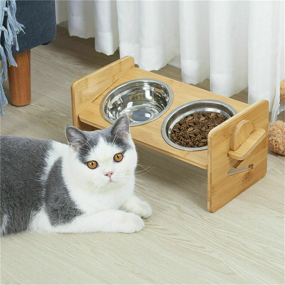 Adjustable Raised Cat Bowls - Bamboo Stand with Steel Bowls