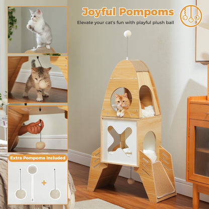 Rocket-Shaped Cat Tree - Modern Wooden Tower for Indoor Cats