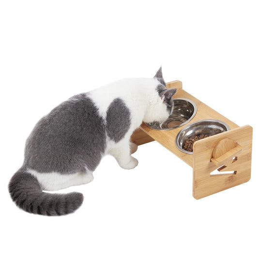 Adjustable Raised Cat Bowls - Bamboo Stand with Steel Bowls