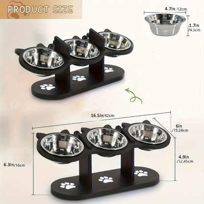 Raised Cat Food Bowls 15° Tilted, 3 Stainless Steel Bowls