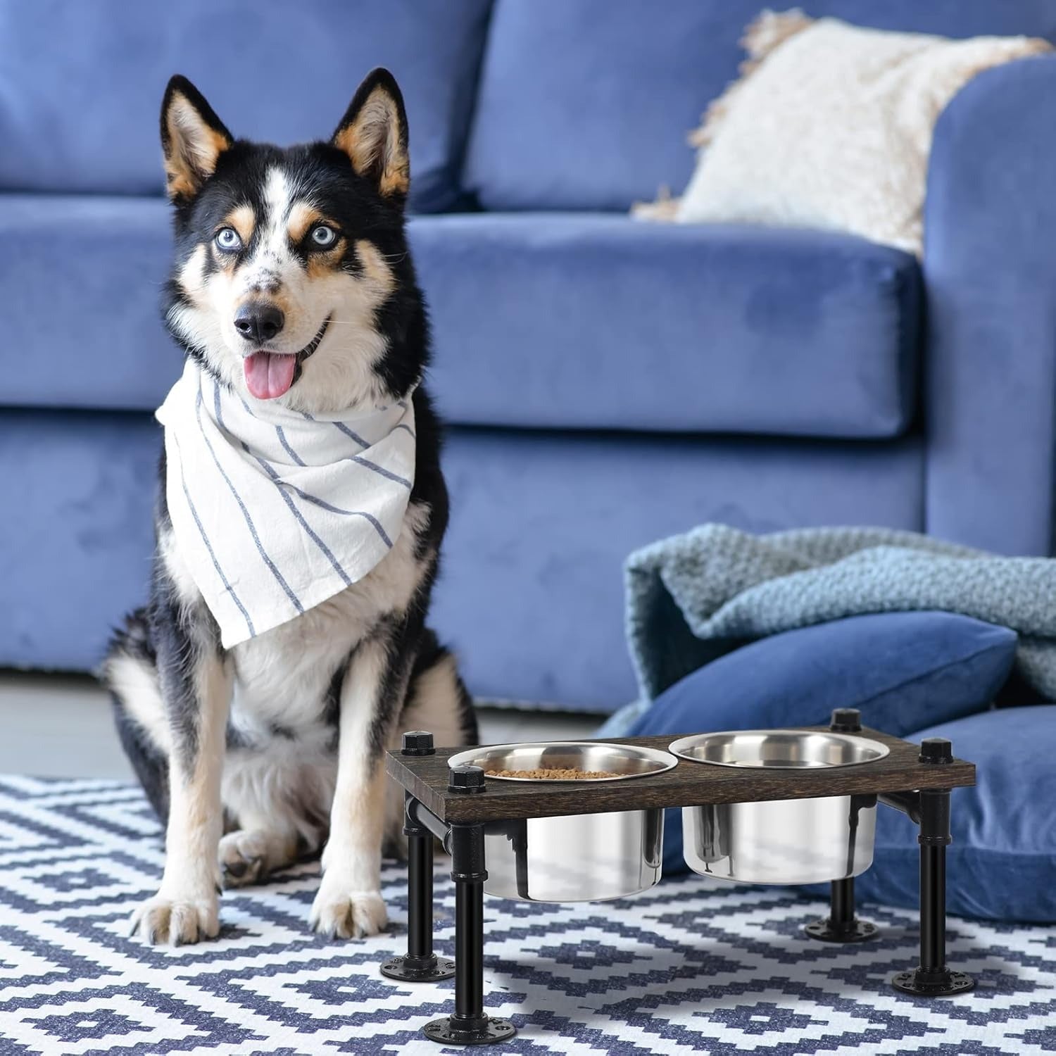 Raised Dog Bowl Stand - 2 Stainless Bowls & Waterproof Wood
