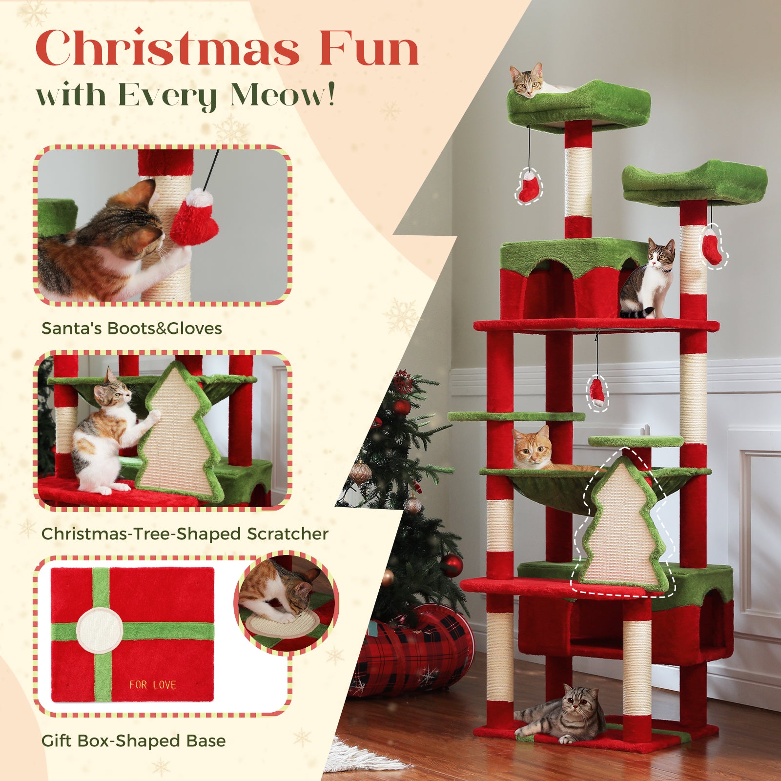 72" Christmas Cat Tower: Spacious Condo & Scratching Fun