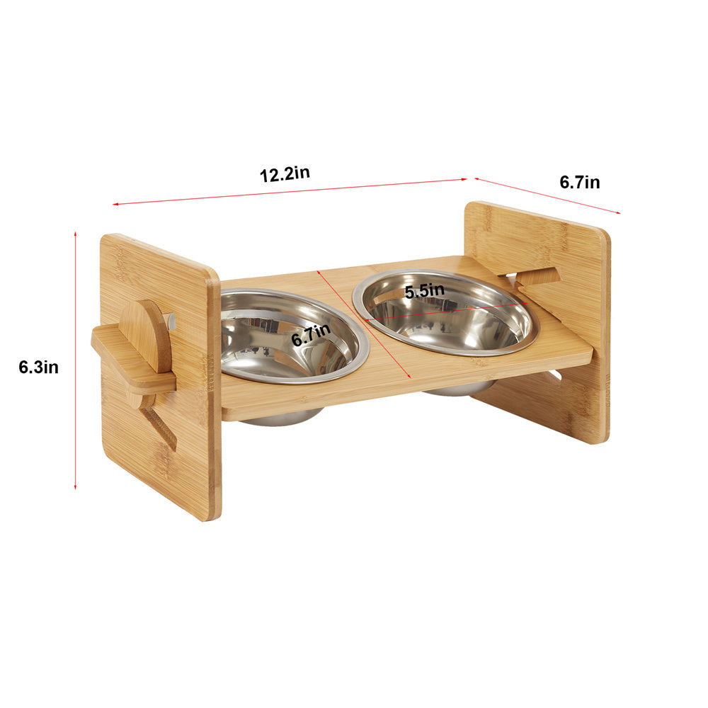 Adjustable Raised Cat Bowls - Bamboo Stand with Steel Bowls