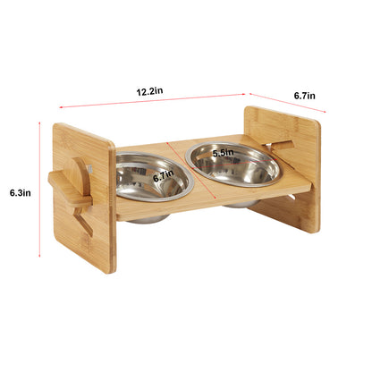 Adjustable Raised Cat Bowls - Bamboo Stand with Steel Bowls