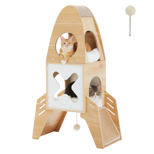 Rocket-Shaped Cat Tree - Modern Wooden Tower for Indoor Cats
