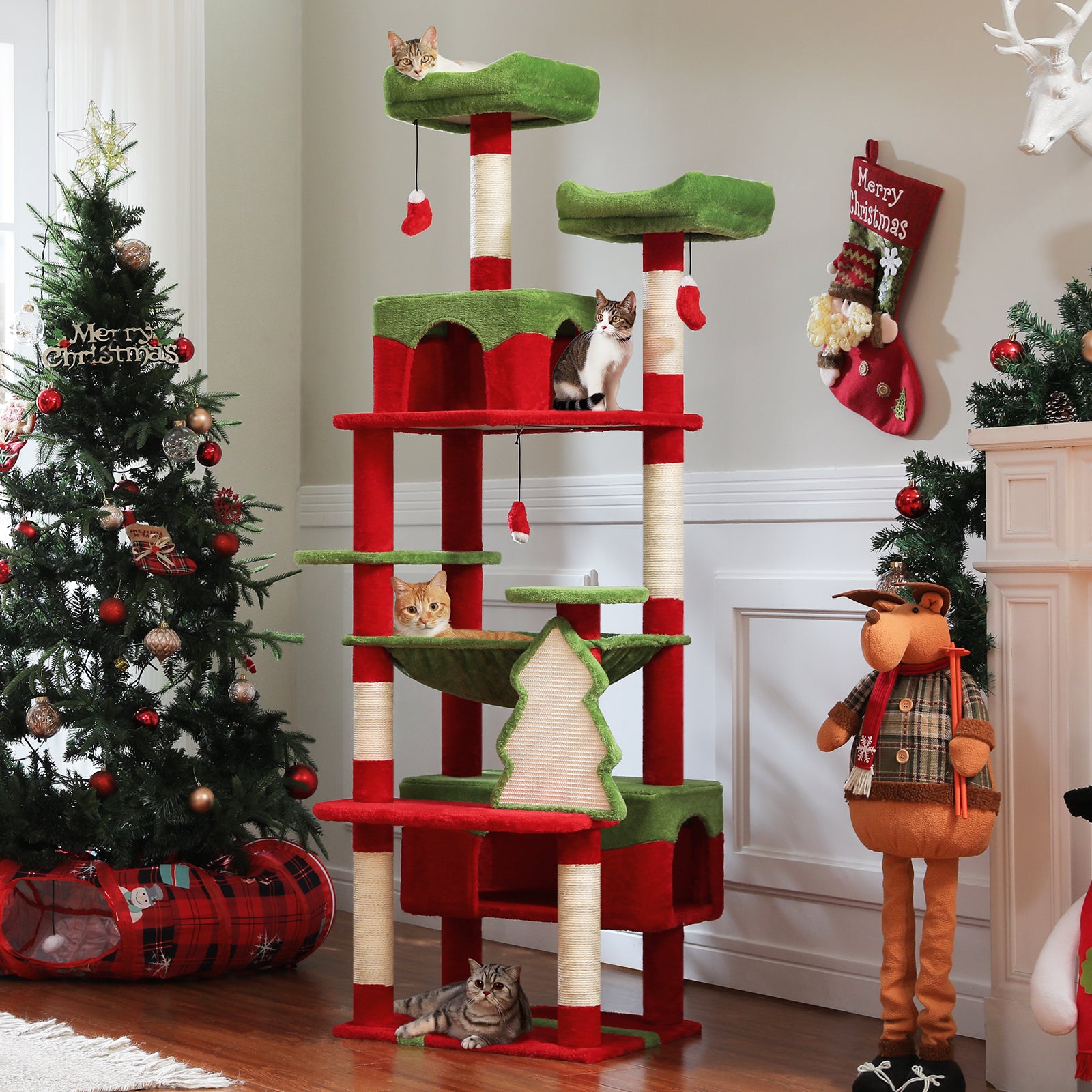 72" Christmas Cat Tower: Spacious Condo & Scratching Fun