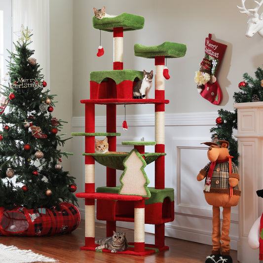 72" Christmas Cat Tower: Spacious Condo & Scratching Fun