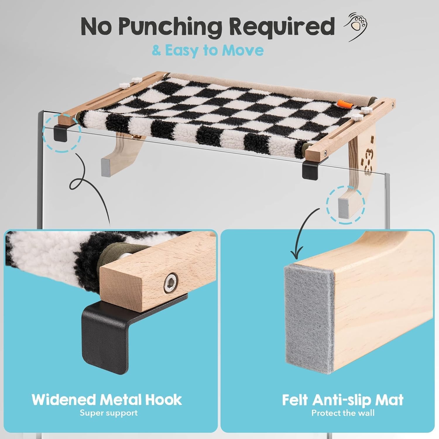 Cat Window Perch - Wood & Metal Frame, Easy Install, Cozy Design