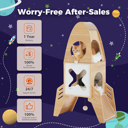 Rocket-Shaped Cat Tree - Modern Wooden Tower for Indoor Cats