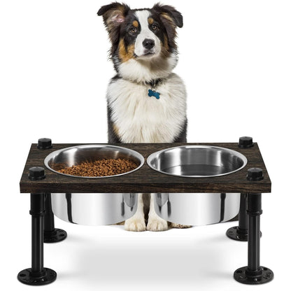 Raised Dog Bowl Stand - 2 Stainless Bowls & Waterproof Wood