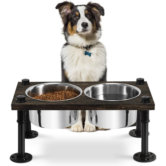 Raised Dog Bowl Stand - 2 Stainless Bowls & Waterproof Wood