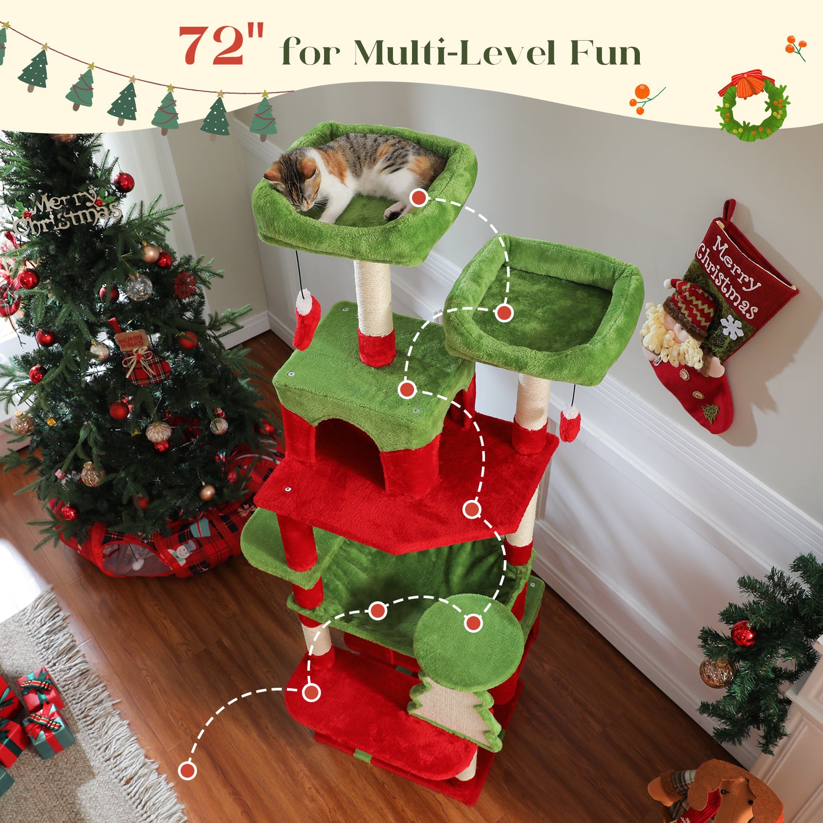 72" Christmas Cat Tower: Spacious Condo & Scratching Fun